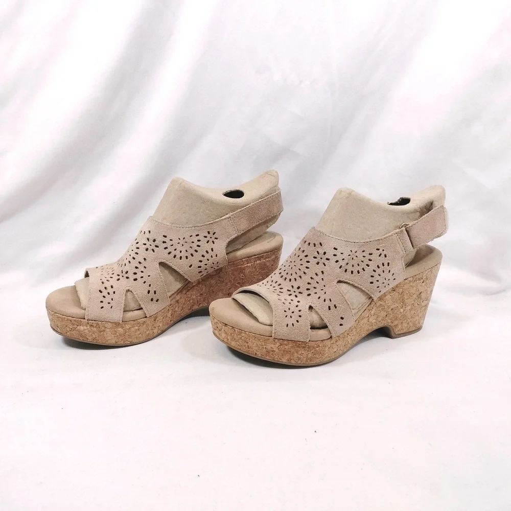 Clarks Giselle Bay Beige Wedge Sandals; Suede Laser Cut Cork Platform